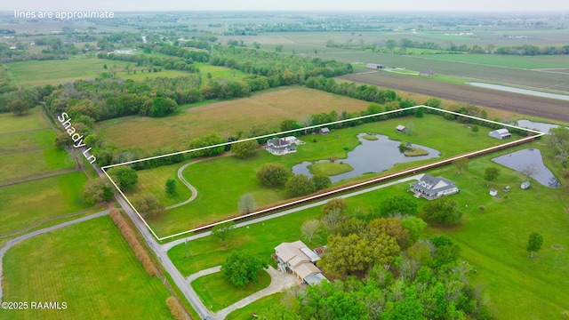 bird's eye view with a rural view and a water view