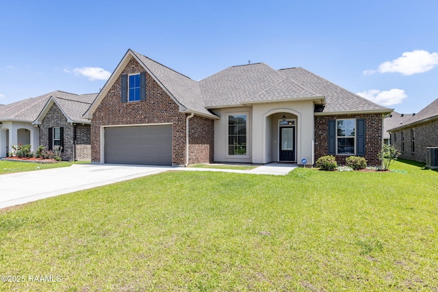 view of front of property featuring brick siding, cooling unit, a front yard, and concrete driveway
