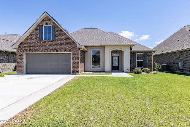 view of front of house with concrete driveway, brick siding, roof with shingles, and a front lawn