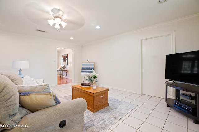 200 Sandager Ave, Jeanerette, LA 70544 - living area with crown molding, light tile patterned flooring, ceiling fan, and recessed lighting
