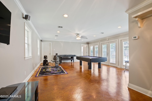 200 Sandager Ave, Jeanerette, LA 70544 - recreation room with baseboards, billiards, ornamental molding, recessed lighting, and visible vents