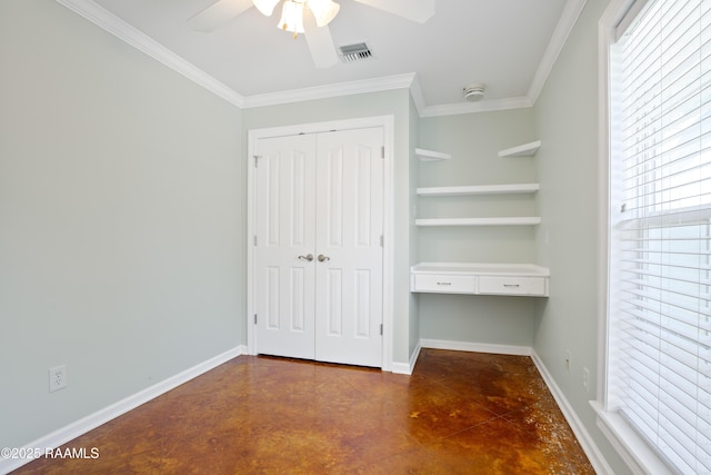 200 Sandager Ave, Jeanerette, LA 70544 - unfurnished bedroom with a closet, concrete flooring, ornamental molding, visible vents, and baseboards