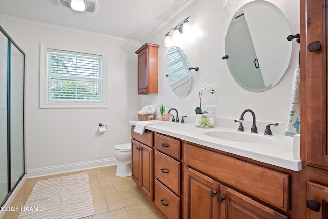 200 Sandager Ave, Jeanerette, LA 70544 - bathroom featuring a sink, baseboards, double vanity, and a shower with door