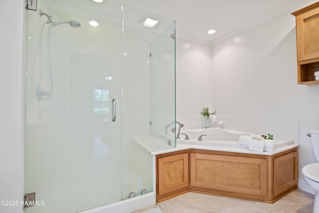 200 Sandager Ave, Jeanerette, LA 70544 - bathroom featuring a stall shower, tile patterned flooring, crown molding, toilet, and a garden tub