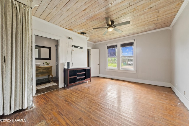 unfurnished living room with wood ceiling, crown molding, hardwood / wood-style flooring, and ceiling fan