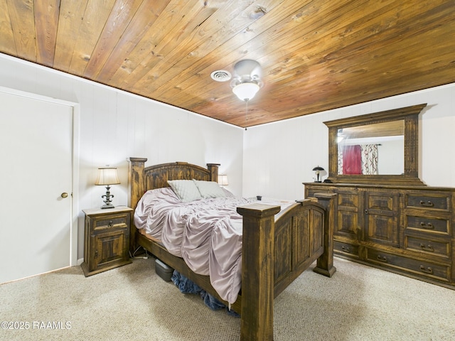 bedroom featuring visible vents, carpet flooring, and wooden ceiling