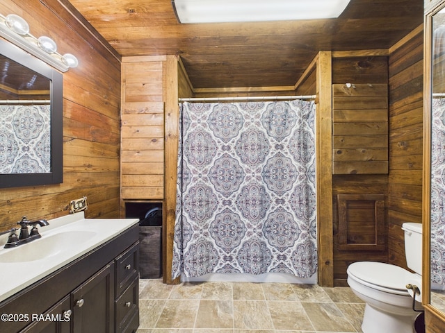 bathroom with wood walls, toilet, vanity, a shower with curtain, and wood ceiling