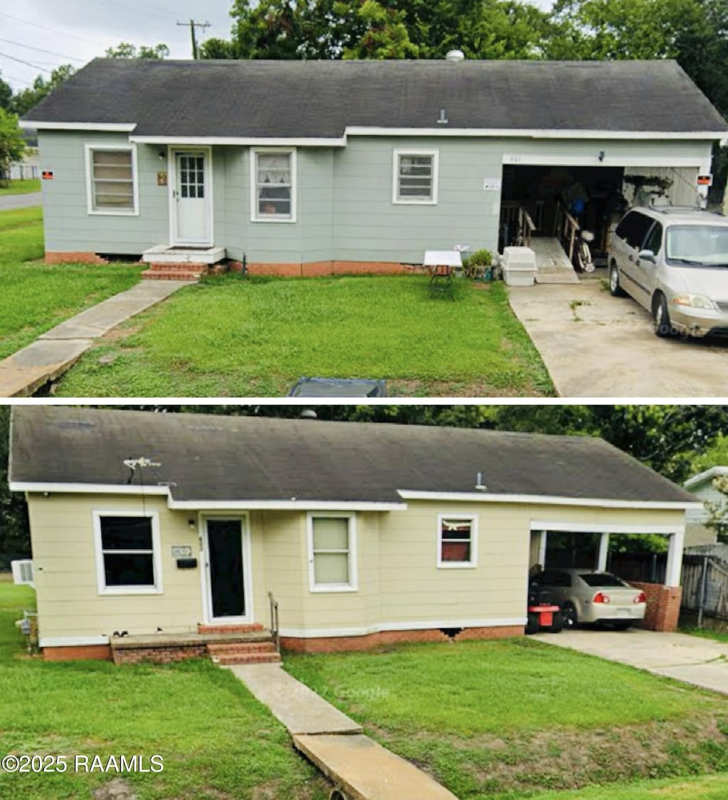 ranch-style home with driveway, a front yard, a garage, and roof with shingles