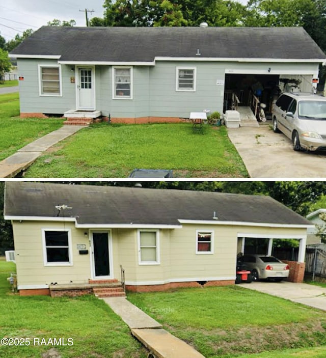 ranch-style home with driveway, a front yard, a garage, and roof with shingles