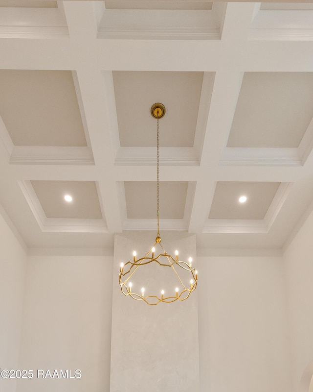 207 Sunset Palm Ct, Youngsville, LA 70592 - detailed view of coffered ceiling, beamed ceiling, crown molding, a chandelier, and recessed lighting