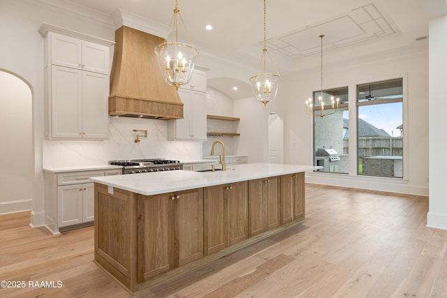 207 Sunset Palm Ct, Youngsville, LA 70592 - kitchen featuring custom range hood, light countertops, arched walkways, a chandelier, and a center island with sink