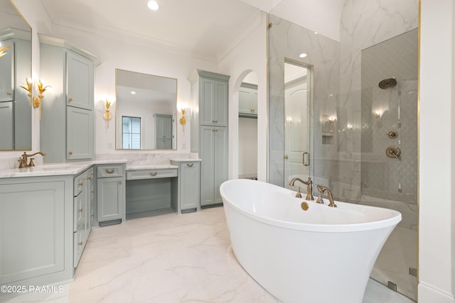 207 Sunset Palm Ct, Youngsville, LA 70592 - full bath with vanity, a soaking tub, a shower with shower door, marble finish flooring, and ornamental molding
