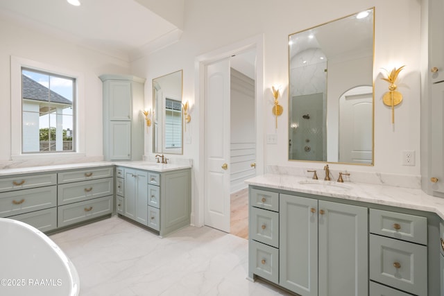 207 Sunset Palm Ct, Youngsville, LA 70592 - bathroom with vanity, a freestanding tub, marble finish flooring, a shower, and recessed lighting