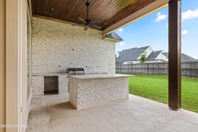 207 Sunset Palm Ct, Youngsville, LA 70592 - fenced backyard featuring exterior kitchen, a patio, and ceiling fan