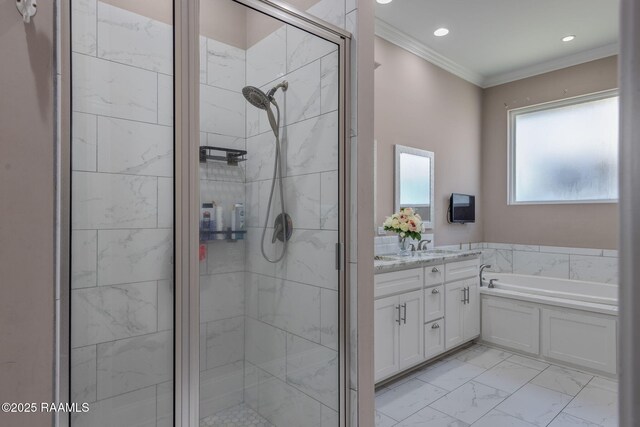 208 Woodstone Dr, Lafayette, LA 70508 - full bath with crown molding, a garden tub, vanity, marble finish floor, and a stall shower