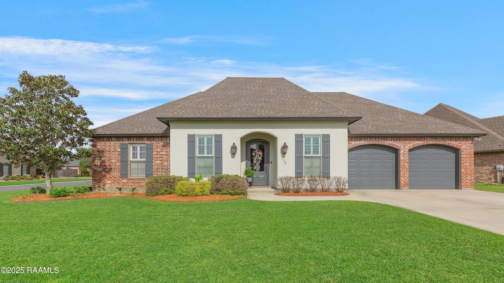 view of front of home with a garage, driveway, a front yard, brick siding, and a shingled roof