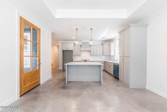 122 Rena Dr Unit A, Lafayette, LA 70503 - kitchen featuring dishwasher, baseboards, finished concrete floors, a kitchen island, and custom exhaust hood