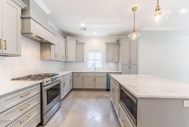 122 Rena Dr Unit A, Lafayette, LA 70503 - kitchen with gray cabinetry, custom exhaust hood, stainless steel appliances, and visible vents