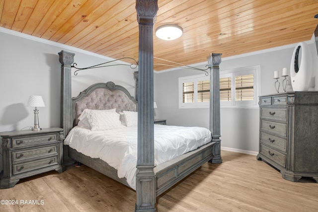bedroom with crown molding, wooden ceiling, baseboards, and light wood-type flooring