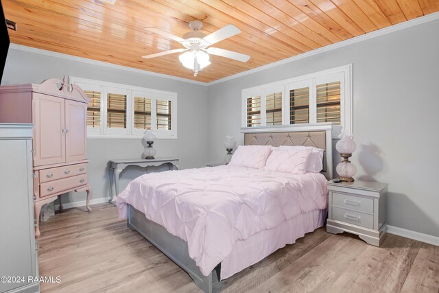 bedroom featuring crown molding, a ceiling fan, wood ceiling, light wood finished floors, and baseboards