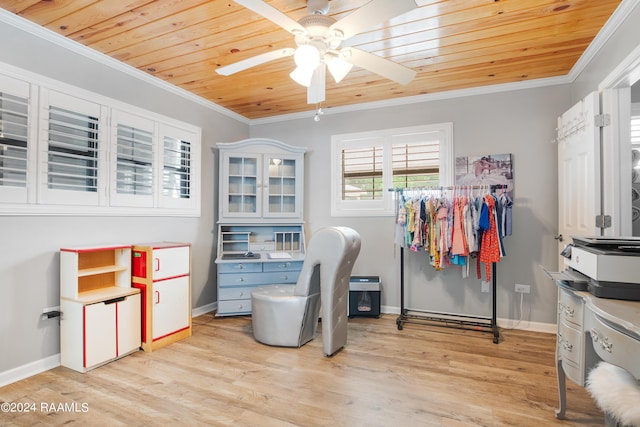interior space with ornamental molding, a ceiling fan, and wood ceiling
