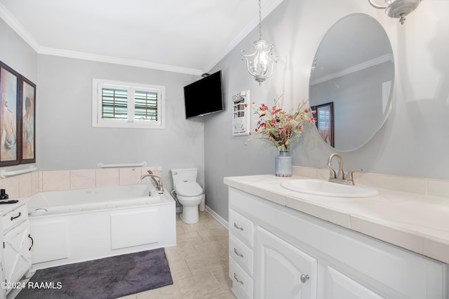 full bath featuring toilet, vanity, and ornamental molding