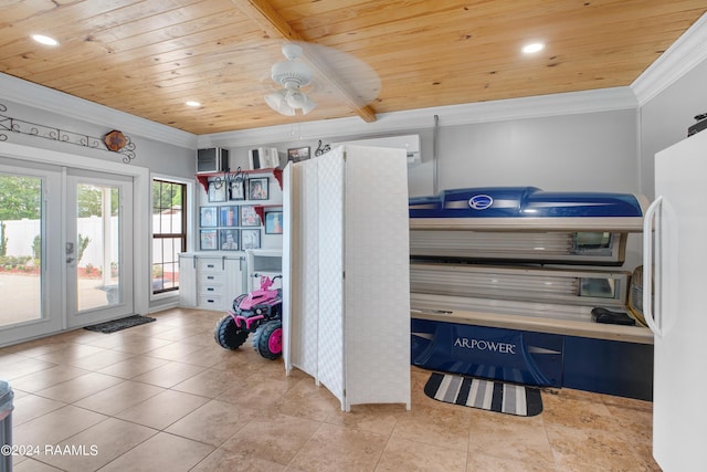 bedroom featuring tile patterned floors, recessed lighting, crown molding, access to exterior, and wood ceiling