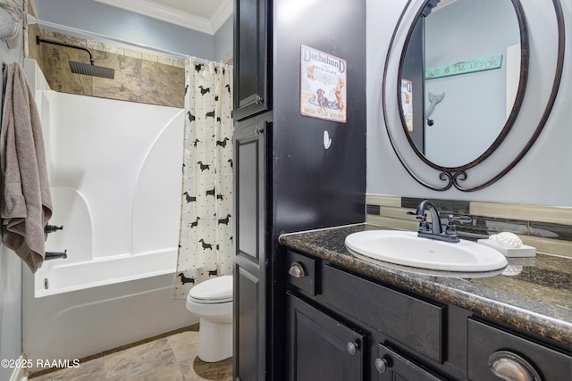 bathroom with toilet, shower / bath combo with shower curtain, stone finish flooring, crown molding, and vanity