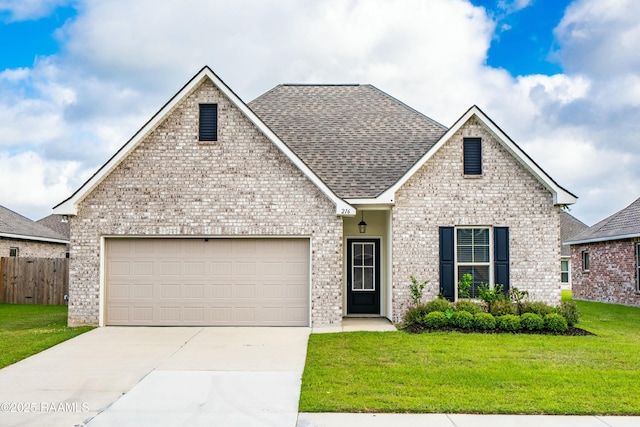 view of front of house featuring a front lawn, driveway, fence, brick siding, and an attached garage