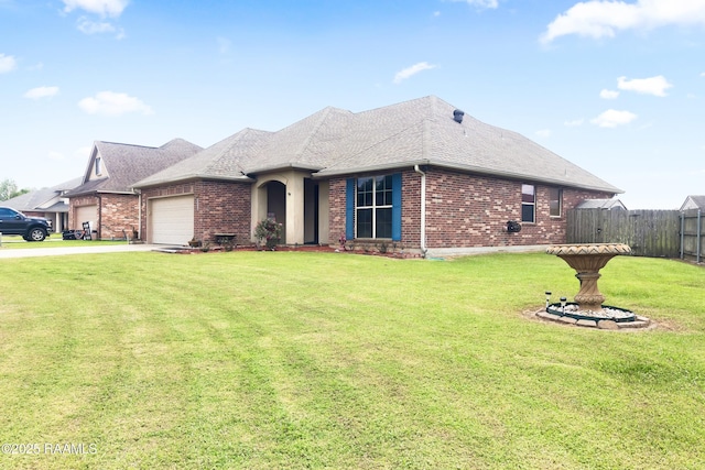 single story home featuring driveway, an attached garage, a front yard, brick siding, and a shingled roof
