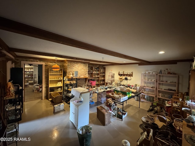 interior space featuring recessed lighting, beam ceiling, and concrete flooring