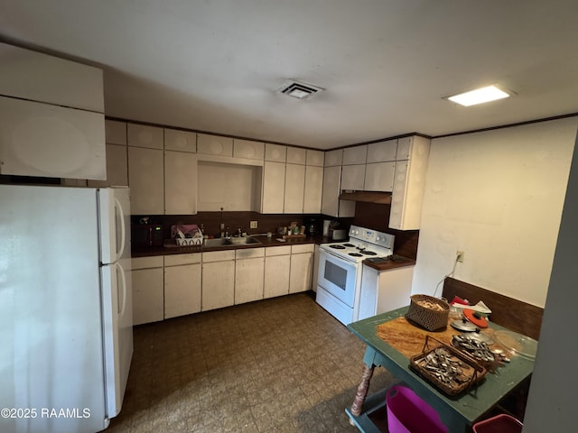 kitchen with a sink, white appliances, visible vents, under cabinet range hood, and dark countertops