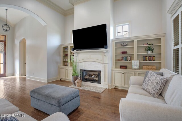 106 Rue De Chambery, Broussard, LA 70518 - living area featuring arched walkways, a high ceiling, and wood finished floors