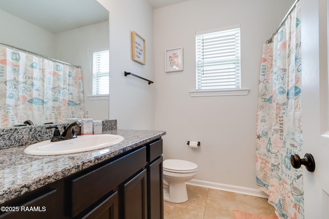 204 Stanwell Ave, Duson, LA 70529 - bathroom with vanity, toilet, baseboards, curtained shower, and tile patterned flooring