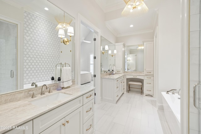 211 Crossbill Dr, Lafayette, LA 70508 - full bathroom featuring a shower stall, a tub, ornamental molding, and a sink
