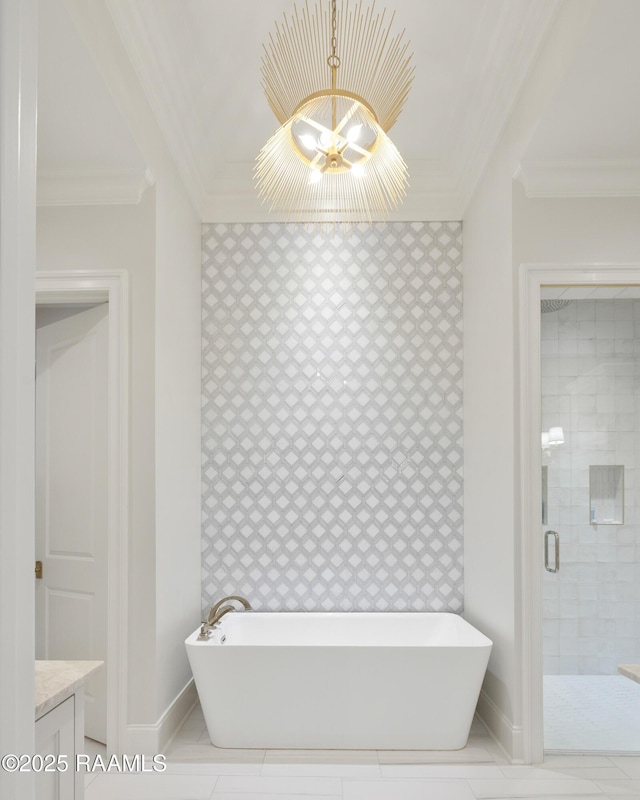 211 Crossbill Dr, Lafayette, LA 70508 - full bathroom featuring a freestanding bath, a shower stall, crown molding, and vanity