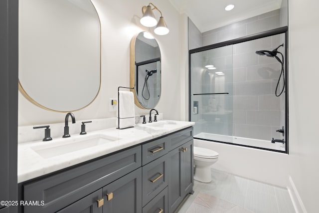 211 Crossbill Dr, Lafayette, LA 70508 - bathroom with enclosed tub / shower combo, toilet, a sink, and double vanity