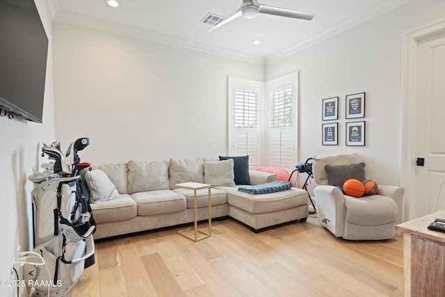211 Crossbill Dr, Lafayette, LA 70508 - living room with light wood finished floors, visible vents, recessed lighting, a ceiling fan, and crown molding