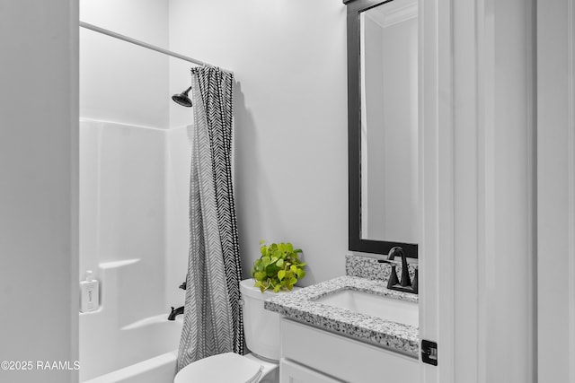 bathroom with toilet, vanity, and shower / bath combination with curtain