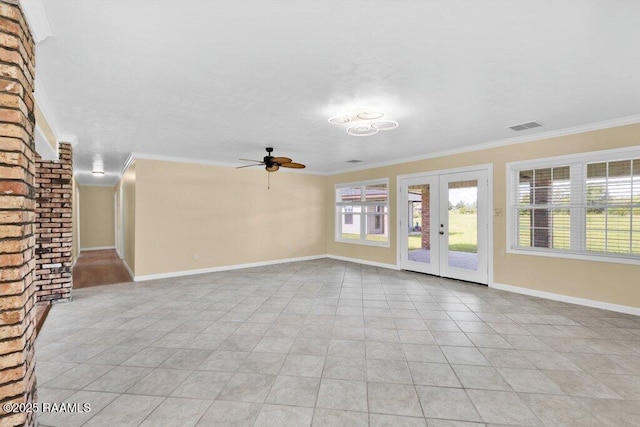 7848 Lake St, Lake Charles, LA 70605 - unfurnished living room featuring crown molding, light tile patterned floors, a ceiling fan, and visible vents