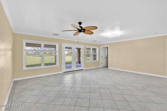 7848 Lake St, Lake Charles, LA 70605 - spare room featuring crown molding, french doors, a ceiling fan, and visible vents