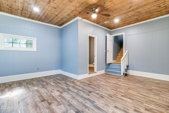 unfurnished room with wood finished floors, crown molding, wooden ceiling, and ceiling fan