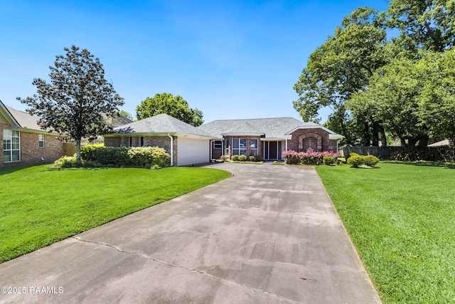 ranch-style house with a garage, fence, concrete driveway, brick siding, and a front lawn
