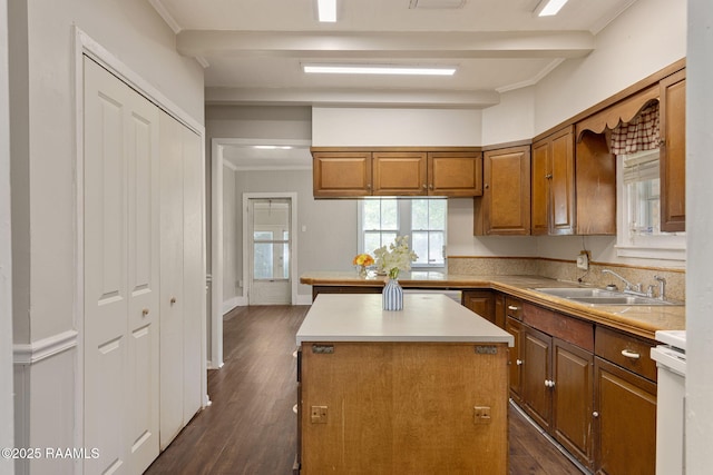 311 S Morgan Ave, Broussard, LA 70518 - kitchen with a sink, brown cabinets, ornamental molding, dark wood finished floors, and range