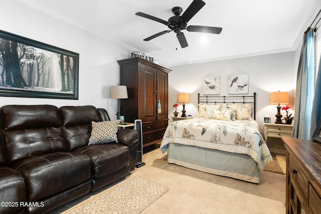 bedroom featuring ornamental molding, ceiling fan, and light tile patterned floors