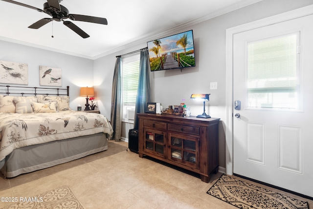 bedroom featuring crown molding, light tile patterned floors, and a ceiling fan