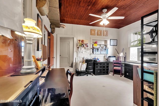 1703 W University Ave, Lafayette, LA 70506 - home office featuring ceiling fan, wooden ceiling, and finished concrete floors