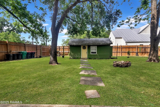 1703 W University Ave, Lafayette, LA 70506 - view of yard with an outbuilding, a fenced backyard, and an outdoor fire pit