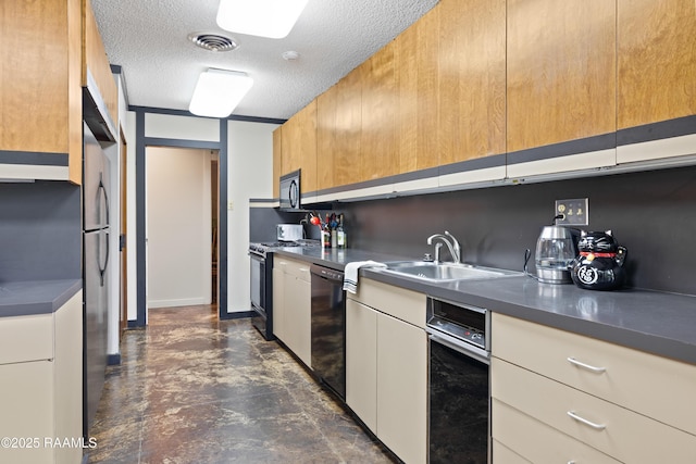 1 Eureka Plantation Rd, Lafayette, LA 70508 - kitchen featuring black appliances, a textured ceiling, a sink, finished concrete flooring, and dark countertops