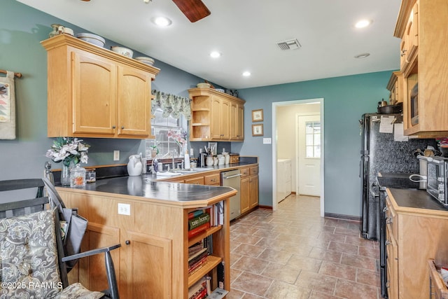 kitchen featuring stainless steel dishwasher, a peninsula, open shelves, visible vents, and recessed lighting
